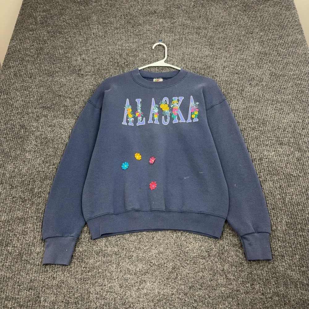 Vintage Fruit of the Loom Sweatshirt Mens M Blue Alaska Floral Puff Print 90s